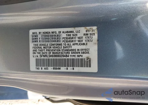 2011 Honda Odyssey Ex-L z USA, uszkodzony, nr VIN 5FNRL5H69BB039484